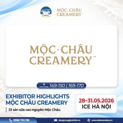 Không gian gian hàng trưng bày dòng sản phẩm sữa tươi cao cấp của Sữa Mộc Châu tại Vietnam Dairy 2026.